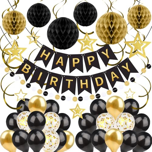 ZERODECO Schwarz Gold Geburtstagsdekorationen, Einfach zu Montieren Happy Birthday Banner mit Wabenkugel, Luftballon, Hängender Wirbelgirlande, Girlande, Partydekorationen für Frauen Männer