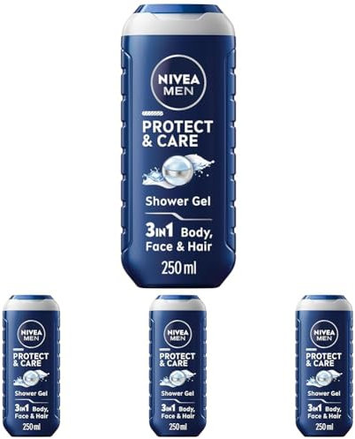 NIVEA MEN Protect & Care Shower Gel (250 ml), Moisturising 3-in-1 Body Wash for Men with Aloe Vera, Energising NIVEA MEN Shower Gel (Pack of 4)