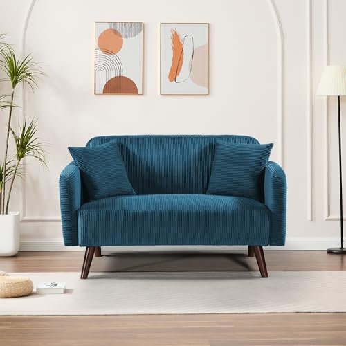 [en.casa] Sofa 2-Sitzer Midt Couch mit Rückenlehne und Armlehnen 132 x 70 x 81 cm mit Holzfüßen max. 320 kg Polstersofa mit 2 Kissen Wohnzimmer Cord Blau