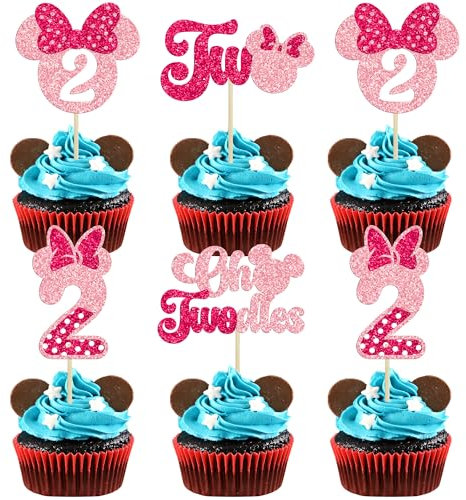Ephlyn 24Pcs Mouse 2nd Birthday Cupcake Toppers, Pink Bow Mini Second Birthday Party Decorations Mouse Two Oldes Cupcake Picks for Baby Shower Birthday Party Decorations Pink Rose Red