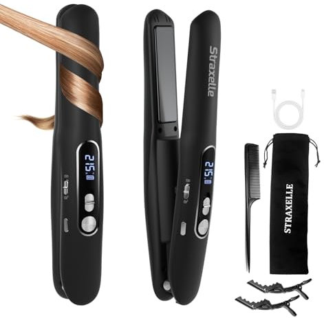 Straxelle Mini Glätteisen Kabellos 2 in 1 Glätteisen Locken und Glätten mit 5000mAh ReiseGlätteisen 3 Einstellbare Temperaturen 175°C-215°C mit LED-Anzeige für Frauen Männer (Schwarz)