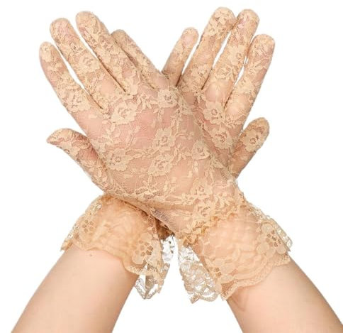 CULEO Guantes de Encaje para Mujer y Novia - Manoplas Cortos Elegantes Formales de Malla para Verano (Beige)