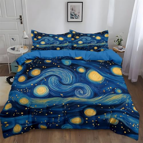 Srigzcaly Van-Gogh-Stil Sternenhimmel Kunst Bettwäsche 155 x 220 cm Wendebettwäsche - Blau Bettbezug mit Reißverschluss - Weiche Mikrofaser Deckenbezug 3 Teilig mit 2 Kissenbezug 80x80