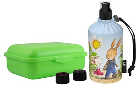 Emil Trinkflasche aus Glas inkl. Brotbox & Ersatzverschlüsse – Starterset zur Einschulung - BPA-frei & schadstofffrei, isolierend – Ziehverschluss für Wasser, Saft & Milch – Friends (0,3l)