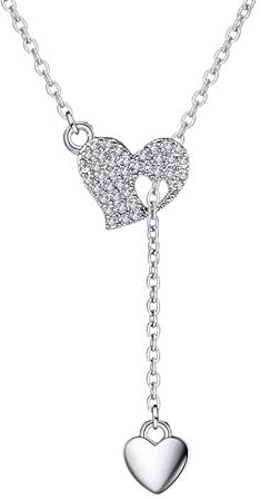 Lirzxin Halskette Frauen Weißgold 14 Karat 585, Anhänger Kette Damen 45 CM Doppelt Herz Lang Quaste mit Erstellter Diamant Geburtstag Halskette für Frauen Weißgold