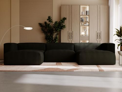 GRAINGOLD Landi Ecksofa mit Schlaffunktion & Bettkasten 340x180 cm, U-Form Sofa mit Stauraum, Schlafcouch für Wohnzimmer, Cord Stoff, 5-Sitzer Wohnlandschaft, Modernes Design (Schwarz)