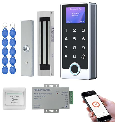 Tuya WLAN Zutrittskontrollsystem Set – Türöffner mit Code & Fingerprint, IP68 Metall Codetaster mit LCD, inkl. Netzteil, Exit-Taster, Türklingel, 180kg Magnet-Türschloss, 10× 125 kHz RFID Tags