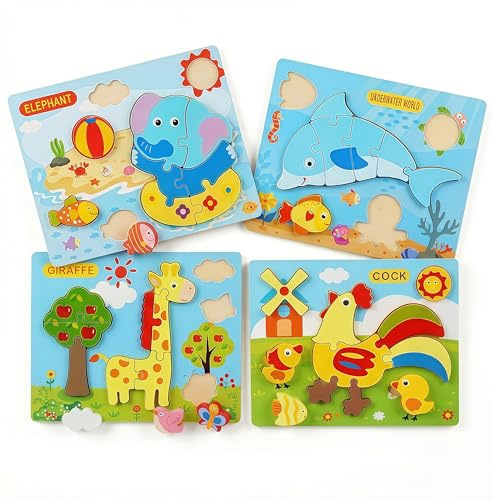 Vivyklfc 3D Montessori Holzpuzzle-Set für Kinder, 40Pcs Steckpuzzle mit Formen zum Zuordnen, Lernspielzeug, Pädagogisches Vorschulspielzeug als Geschenk für Jungen und Mädchen ab 3 Jahren (Tiere)