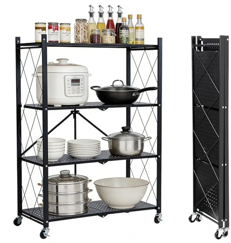 Topnewhome 4 Etagen Klappregal mit Rollen, Metallregal Schwarz | Mobiles Regal mit stabiler Struktur. Ideal für Küche, Wohnzimmer und Speisekammer, schafft Ordnung und spart Platz.