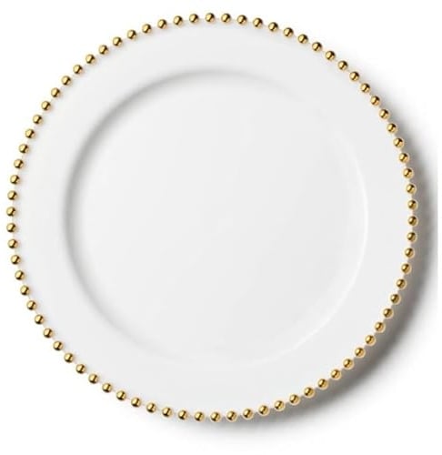 Decorline Beaded Platzteller 33 cm - Weiss Gold – 4 Stück Unterteller aus Hartplastik Kunststoff, wiederverwendbar – Dekoteller für Hochzeit, Weihnachten, Party, Event und Tischdekoration