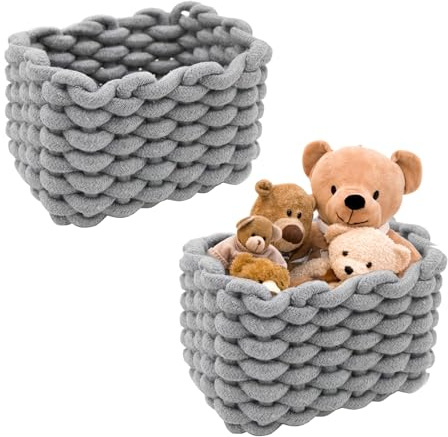 Aufbewahrungskorb Geflochten, 2 Stück Häkelkorb, 19 x 15 x 12 cm, Waschbar | Aufbewahrungskorb Kinder, Faltbar Klein Organizer Korb, Grau Körbe Geflochten für Babyzimmer Wohnzimmer Schlafzimmer
