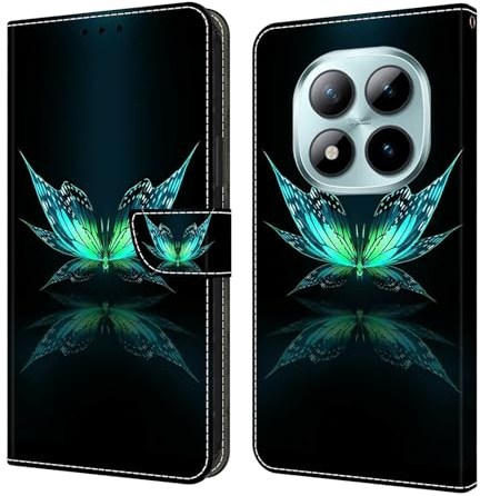 CLM-Tech Handyhülle kompatibel mit Xiaomi Redmi Note 15 Pro 5G 6,83 Zoll Hülle - Tasche aus PU Leder - Klapphülle mit Ständer und Kartenfächern - Schutzhülle schwarz türkiser Schmetterling