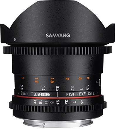 Samyang 8/3,8 Objektiv Fisheye II Video DSLR Canon EF manueller Fokus Videoobjektiv 0,8 Zahnkranz Gear, Weitwinkelobjektiv schwarz
