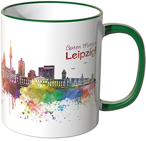 WANDKINGS® Tasse, Schriftzug Guten Morgen Leipzig! mit Skyline - GRÜN