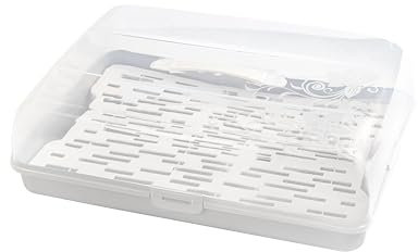 BranQ Home essential Recipiente rectangular para tartas con 2 insertos de refrigeración, de plástico (PP), con tapa alta, asa de transporte, sin BPA, transparente/crema