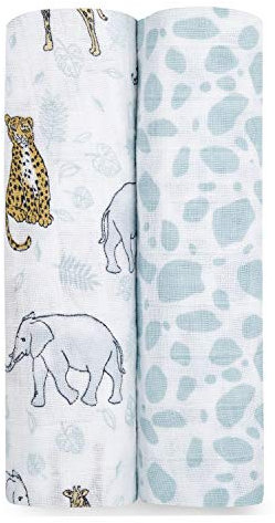 aden + anais Pucktücher, Decken aus 100% Baumwoll-Musselin für Neugeborene Mädchen & Jungen, Wickeltücher-Set für Säuglinge & Kleinkinder, Geschenke für Babys, 120x120cm, 2er-Pack, Jungle