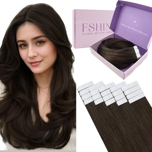 Fshine Tape Extensions Echthaar Dunkelbraun 40cm 50g 20 Stücke Echthaar Extensions Tape Braun Klebe Haarverlängerung für dünnes Haar Farbe 2
