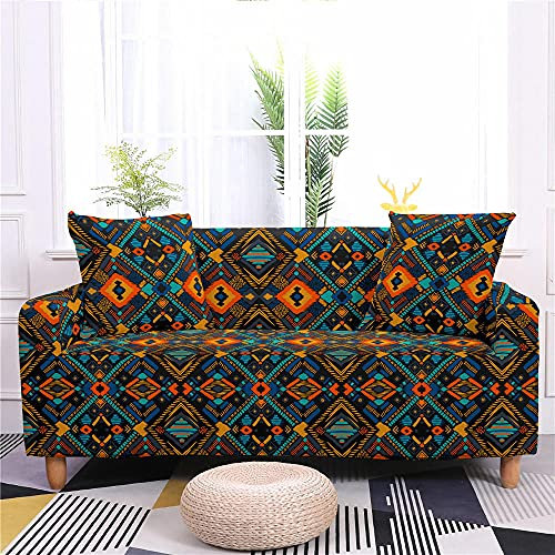 ZAHHYG Sofaüberwurf Braun-Orangefarbener Ethno-Stil Sofabezug Sofa Überzug Stretchy Couchbezug Sofa Bezug Ecksofa Überwurf Sofabezüge Antirutsch Sofahusse Jacquard Sofaüberzug 2 Places (145cm-185cm)