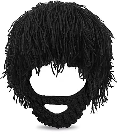GothicBride Warme Mütze Winter Lustige Mütze mit Bart, Mütze mit Zopfloch Cosplay Party für Männer Frauen Kind(Schwarz)
