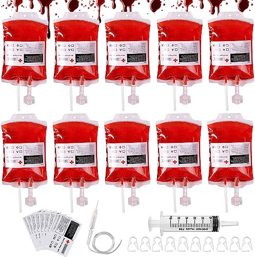 Mecctuck 10 Stück Halloween Trinkgefäß Blutbeutel, Blutspendebeutel, Getränkebeutel, Blutbeutel für Getränke, Cosplay Requisiten mit Spritze Clips Blutart Aufkleber für Halloween Cosplay Zombie Party