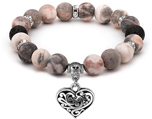 Emibele Armband Damen, 10 mm Heilende Stretch Perlen Armbänder mit Rosa Zebra Stein & Lava Perlen für Ätherische Öle, Perlenarmband Naturstein Schmuck mit Herzanhänger für Frauen Mädchen, Rosa/Silber