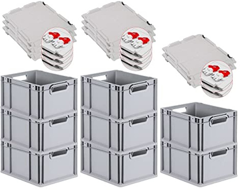 PROREGAL SuperSparSet 8x Eurobox NextGen Grip mit Scharnierdeckel und roten Schiebeschnappverschlüssen, HxBxT 22x30x40cm, 20 L, Grau, Griffe offen, Eurobehälter, Transportbox