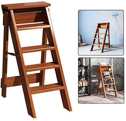 ZAANU Wooden Stepladders 5 Steps Stools, Wooden Multi-Function Shelving Flower Rack Portable Folding Step Ladder Chairs for Library Home Kitchen or Garden