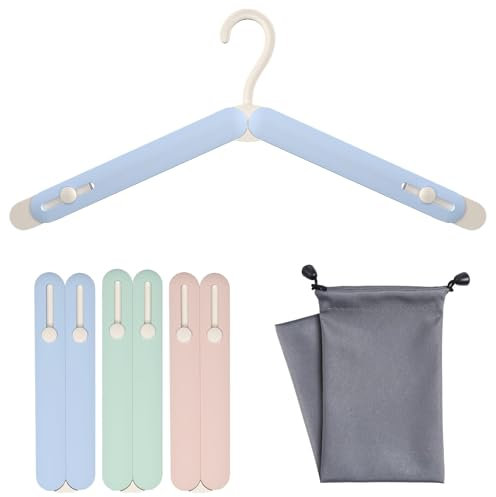 Sazfli Reise-Kleiderbügel, 3er-Pack Faltbare Kleiderbügel aus HIPS Kunststoff mit Verstellbarer Länge, kompakt, tragbar & platzsparend, inklusive Aufbewahrungstasche & Mini-Maßband (Grün, Blau, Pink)