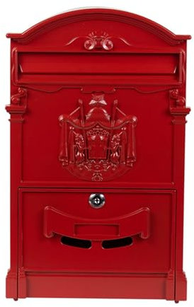 Lambda Matt Red Letterbox Wall Mount Locking Vintage Lockable Metal Mailbox - Large Capacity Postbox Security Mailbox - Outdoor Mail Box