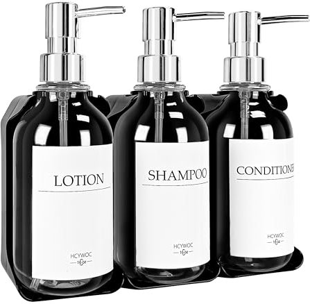 HCYWOC Shampoo and Conditioner Dispenser, Shower Soap Dispenser With 16 Waterproof Labels, Shampoo Dispenser for Shower Wall, 3 Chamber, No Drill, 500ML, Clear
