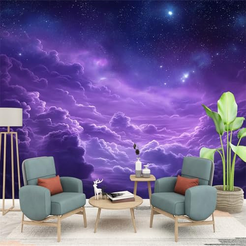 Papier Peint Panoramique Ciel Étoilé Avec Des Nuages Peints Intissé Papier Peint Panoramique Tapisserie Violet Murales Poster 200 x 140 cm