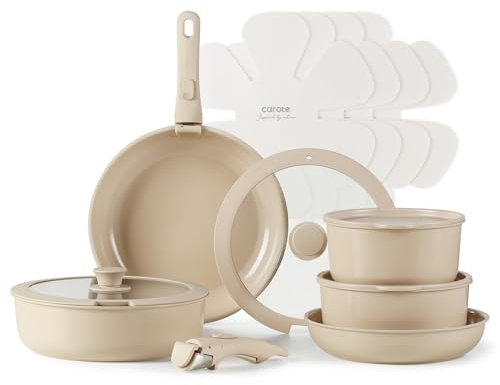 CAROTE Batterie de Cuisine 15 Pièces Antiadhésive avec Poignées Amovibles – Revêtement Céramique Sain – Induction, Four, Lave-vaisselle – Empilable – Set Poêles et Casseroles