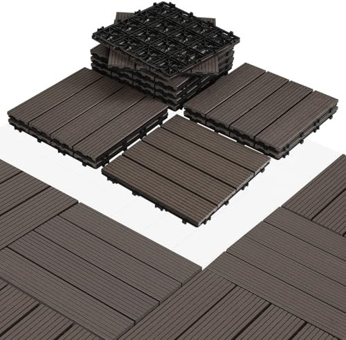 Eulenke WPC Terrassenfliesen 55 Stück, 30x30 cm Terrassendielen für Balkon Boden, Klickfliesen, Balkonfliesen in Holzoptik, Bodenbelag Wetterfest für Terrasse, für 5 m², Kaffeebraun