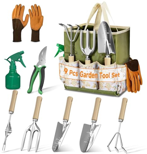 VASZOLA 9-teiliges Gartenwerkzeug-Set mit Tragetasche und Handkelle, Rechen, Schaufel, Robustes Gartenset aus Edelstahl für Pflanzen im Freien, ideal für Frauen und Mütter, Grün