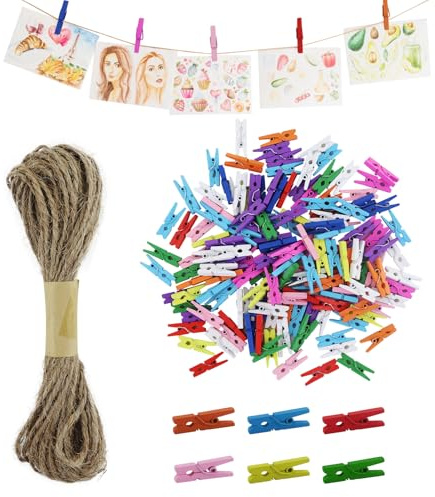 110 pinzas de madera pequeñas, mini pinzas de la ropa de madera, coloridas, pequeñas pinzas para colgar fotos, cuerda de fotos con pinzas, para fotos, collages, postales, fotos