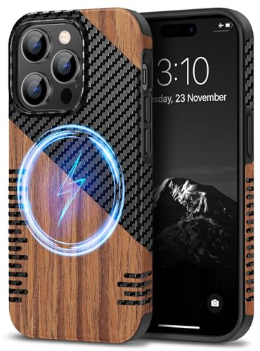 TENDLIN Magnetic Case Compatible with iPhone 14 Pro Max Case Wood Grain with Carbon Fiber Texture Design Leather Hybrid Slim Cover (Compatible with MagSafe) Twill