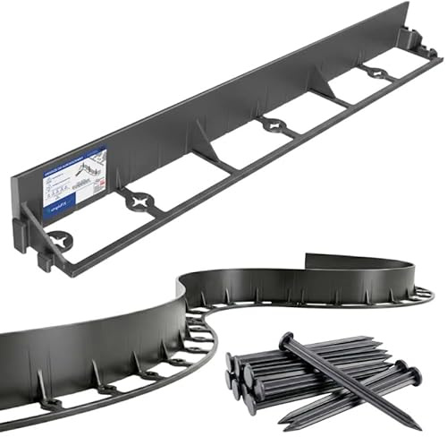 Simplefix Garten Rasenkante 50 mm – Flexible Beeteinfassung aus Kunststoff mit Erdankern, UV-beständig, Rasenbegrenzung & Mähkante Garden Line, Schwarz (30 m mit 240 Erdankern)