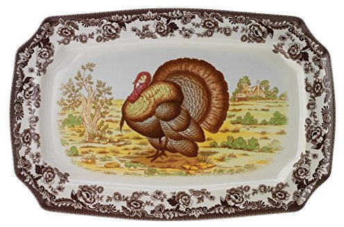 Spode 1397998 Woodland - Fuente rectangular para servir pavo, porcelana, marrón/blanco
