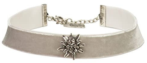 Alpenflüstern Trachten-Samt-Kropfband breit Strass-Edelweiß - Trachtenkette enganliegend, Kropfkette elastisch, Damen-Trachtenschmuck, Samtkropfband grau DHK109