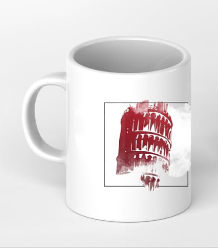 deyoli Illustration Schiefer Turm von Pisa als Motivetasse 4 Eck 300ml, aus Keramik weiß, wunderbar als Geschenkidee oder ihre Neue Lieblingstasse