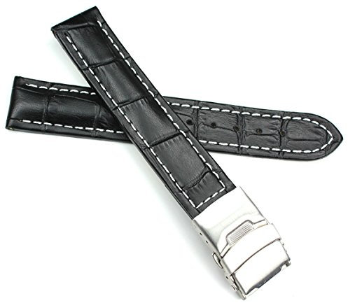 Sulla 18mm Kroko Prägung Alligator Genuine Leder Armband Butterfly mit FALTSCHLIEßE aus Edelstahl 18 schwarz mit weißer Naht