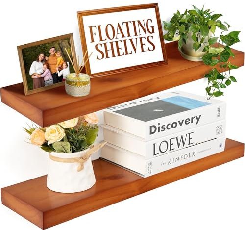 Imperative Décor Juego de 2 estantes flotantes de pared, estantes de madera funcionales y rústicos para muebles del hogar, baño, cocina y casa de campo, hechos a mano en Estados Unidos (nogal claro,