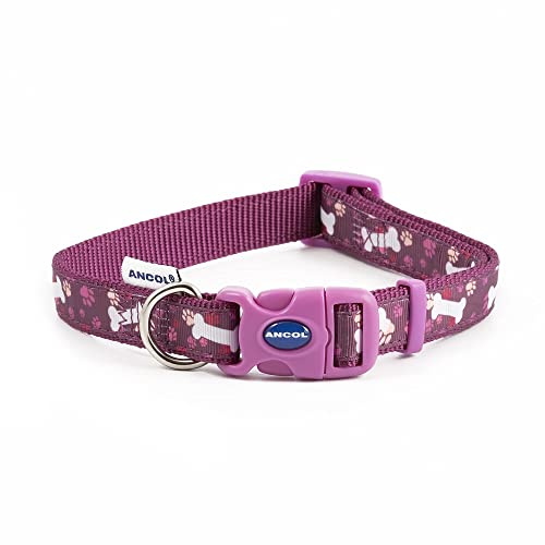 Ancol Fashion Dog Collar Purple Bone Adjustable Nylon Collar for Puppies and Pets - Stylish Paw and Bone Design with Snap Buckle Fastening - Weatherproof Comfortable Fit for Dogs - Size 30-50cm
