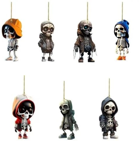 AENZA 7 Stück Coole schwingende Totenkopf-Auto-Hängedekoration, baumelndes Ornament, Autospiegel-Zubehör, Halloween-Totenkopf zum Aufhängen