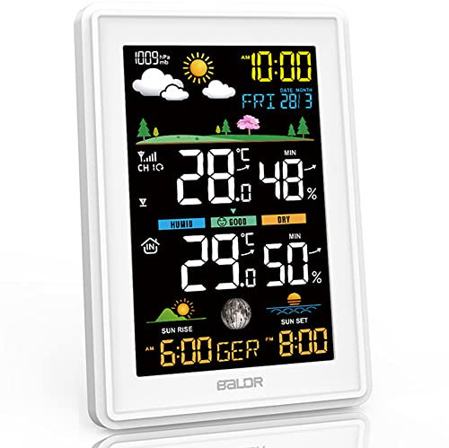 Konsen Stazione meteo con display a colori con sensore esterno per interni ed esterni, radiocontrollato DCF, igrometro multifunzione con previsioni meteo, barometro, sveglia e illuminazione, bianco