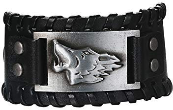 Flongo Lederarmband Männer Groß Leder Armband Herren Armreif Viking Wolf Fenrir Manschette Schwarz Verstellbar Motorradfahrer Biker Herren-Accessoires