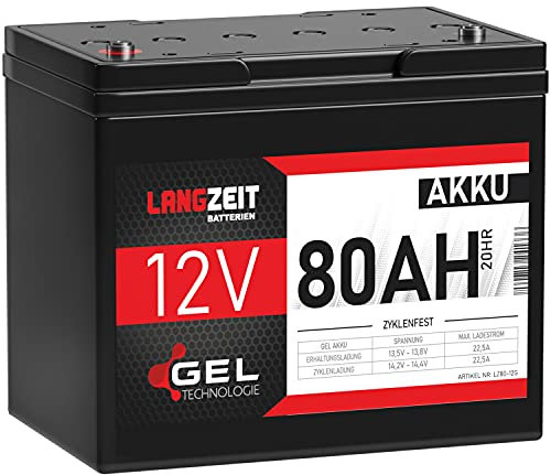 LANGZEIT Akku 12V 80Ah Gel Blei-Akku Profi Blei-Batterie Solar Boot Elektromobil Rollstuhl ersetzt 75Ah 70Ah