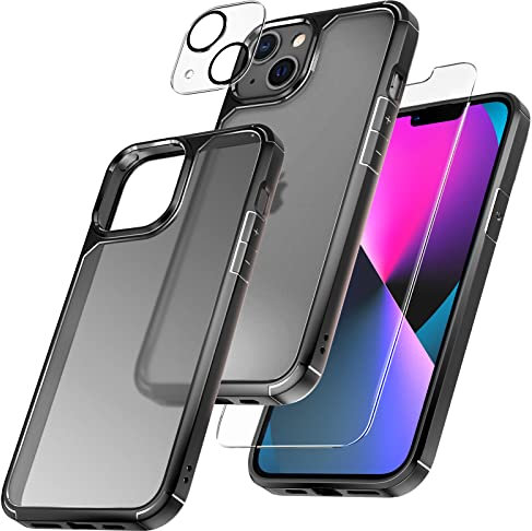 TAURI 3 in 1 Designed for iPhone 13 Case Mattle Black, [Not-Yellowing] and 2X Tempered Glass Screen Protector, [Military-Grade Drop Tested] Phone Case 13 6.1 inch