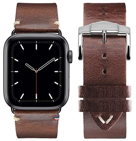 Eternel – Logan Vintage Armband sagenhaft – Kompatibel mit allen Apple Watch Modellen – 45/46mm – Handgefertigt in Frankreich – Pflanzlich gegerbtes Leder – Marron – Adapter in aluminium noir