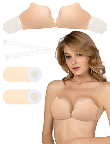 MELLIEX Klebe BH, Trägerloser BH Push Up Verstärkte Selbstklebend Rückenfrei Invisible Bra mit BH Träger und 5 Paar Nipple Cover - B